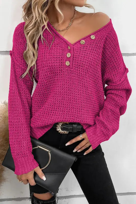 Black pointelle knit button v neck drop shoulder sweater - rose red / s / 55% acrylic + 45% cotton - tops