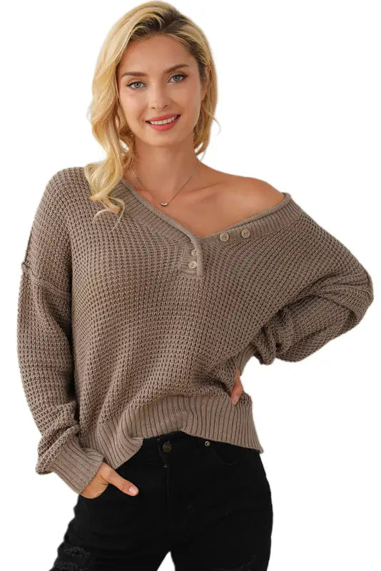 Black pointelle knit button v neck drop shoulder sweater - tops