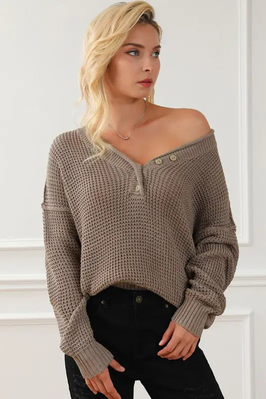 Black pointelle knit button v neck drop shoulder sweater - tops