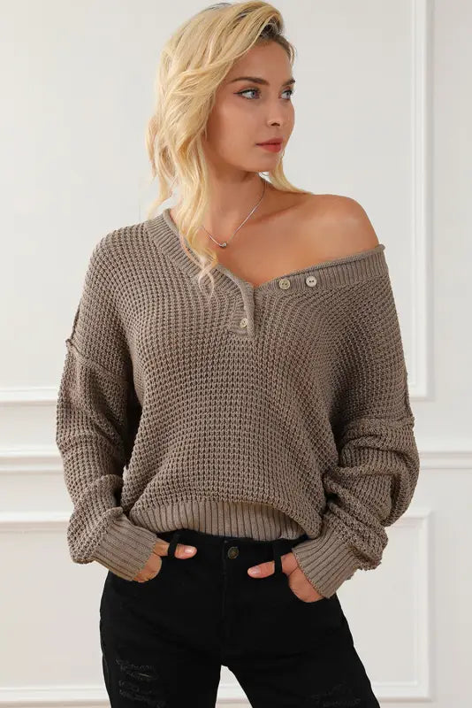 Black pointelle knit button v neck drop shoulder sweater - tops