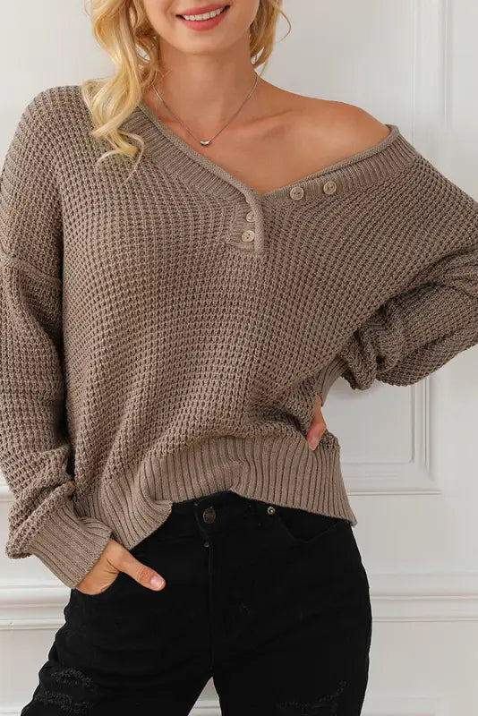 Black pointelle knit button v neck drop shoulder sweater - tops