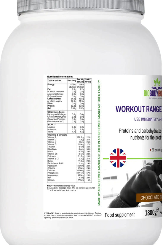 Back label of BioBodyBoost Post-Workout Chocolate Shake showing protein, carb and amino acid content