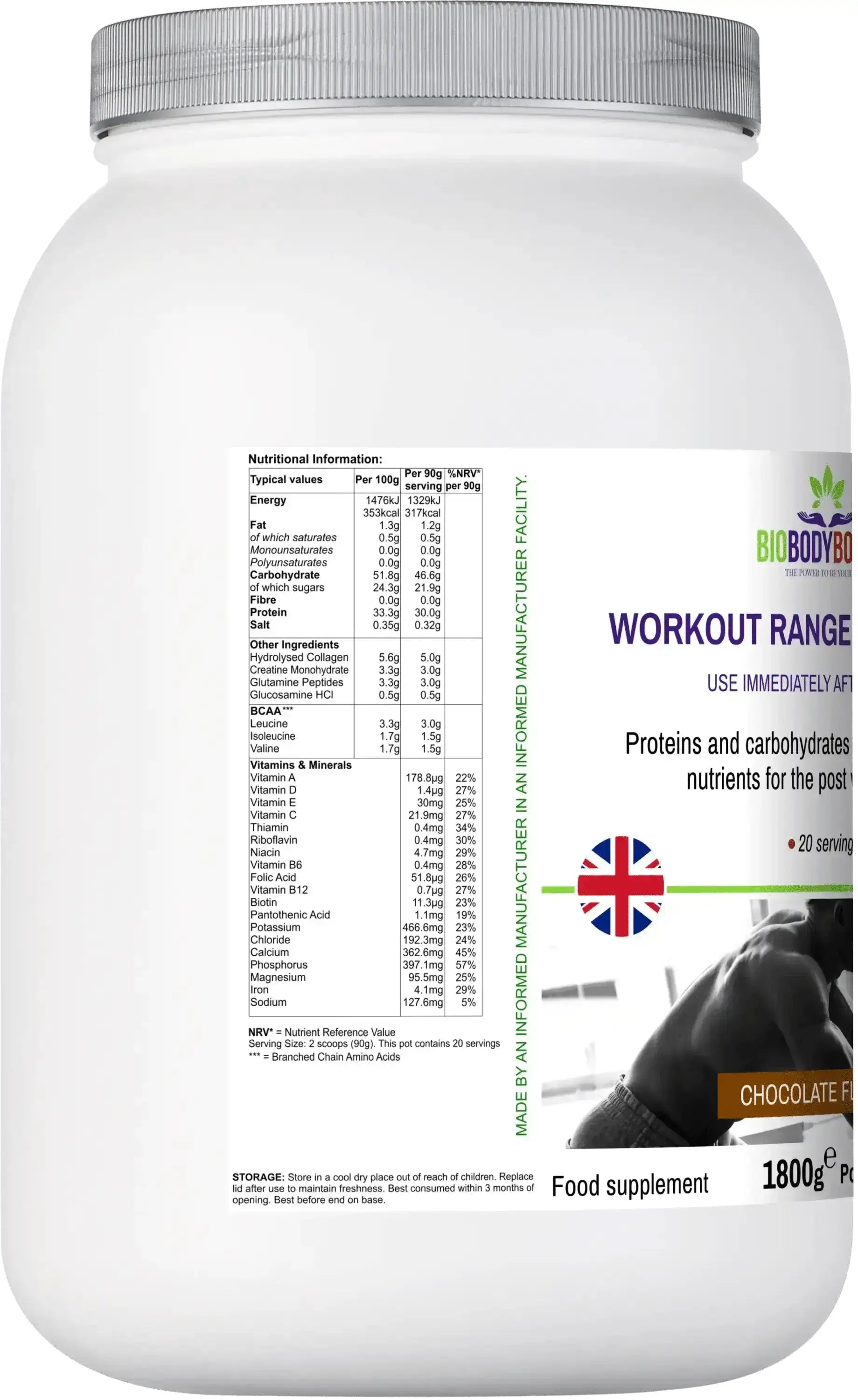 Back label of BioBodyBoost Post-Workout Chocolate Shake showing protein, carb and amino acid content