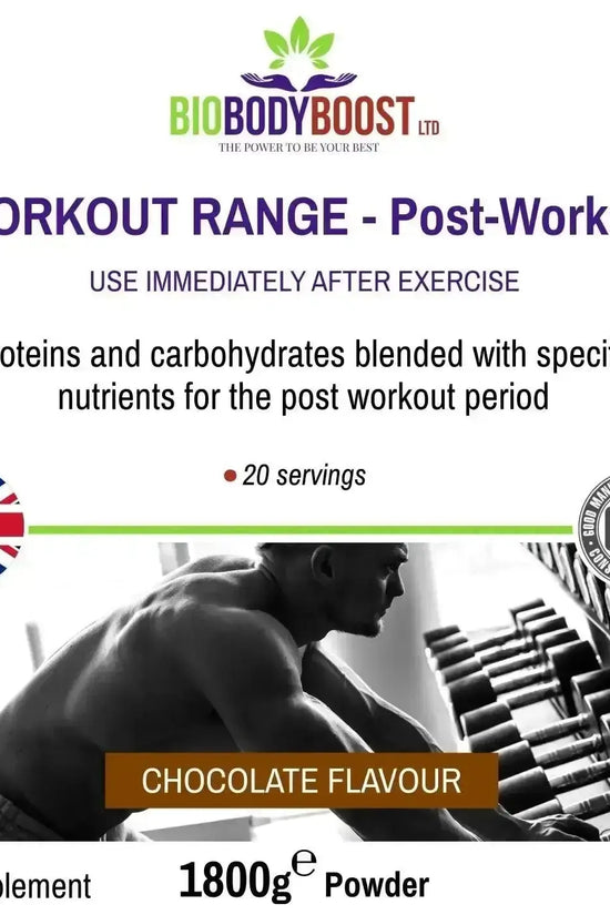 Side view of BioBodyBoost Post-Workout Chocolate Shake — 1800g recovery protein powder, BioBodyBoost UK