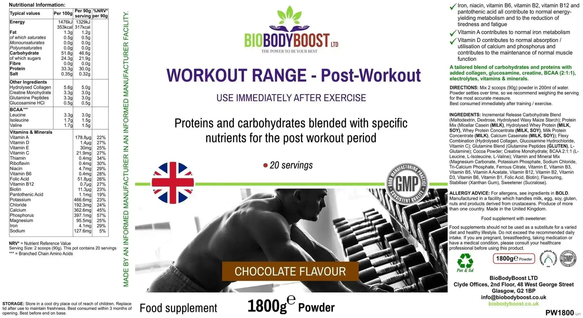 Side view of BioBodyBoost Post-Workout Chocolate Shake — 1800g recovery protein powder, BioBodyBoost UK