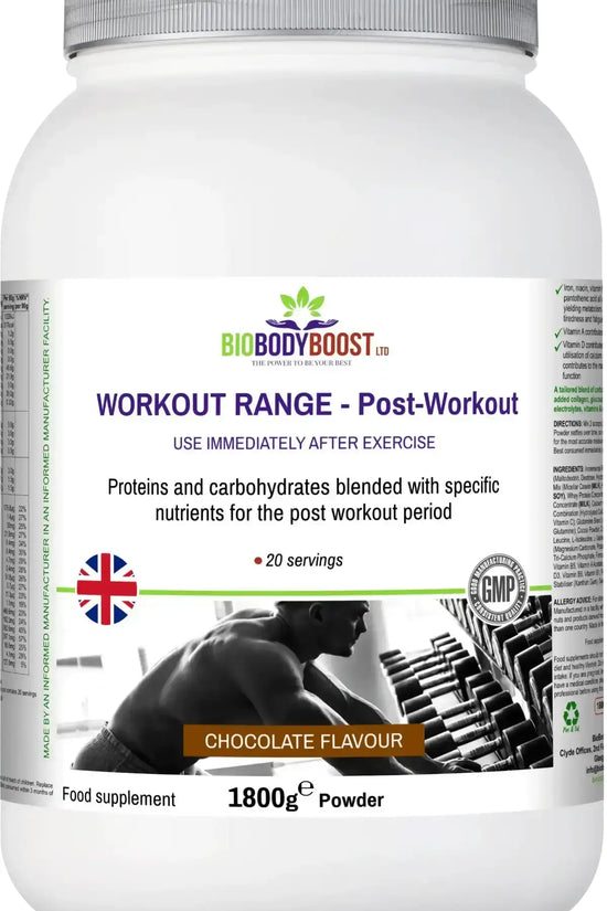 BioBodyBoost Post-Workout Drink Mix Chocolate 1800g — protein, carbs and amino acids recovery shake, UK