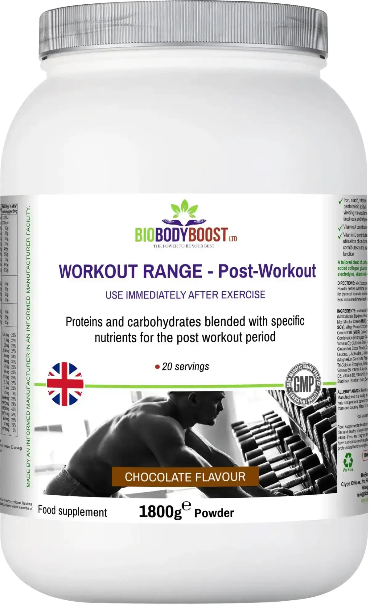 BioBodyBoost Post-Workout Drink Mix Chocolate 1800g — protein, carbs and amino acids recovery shake, UK