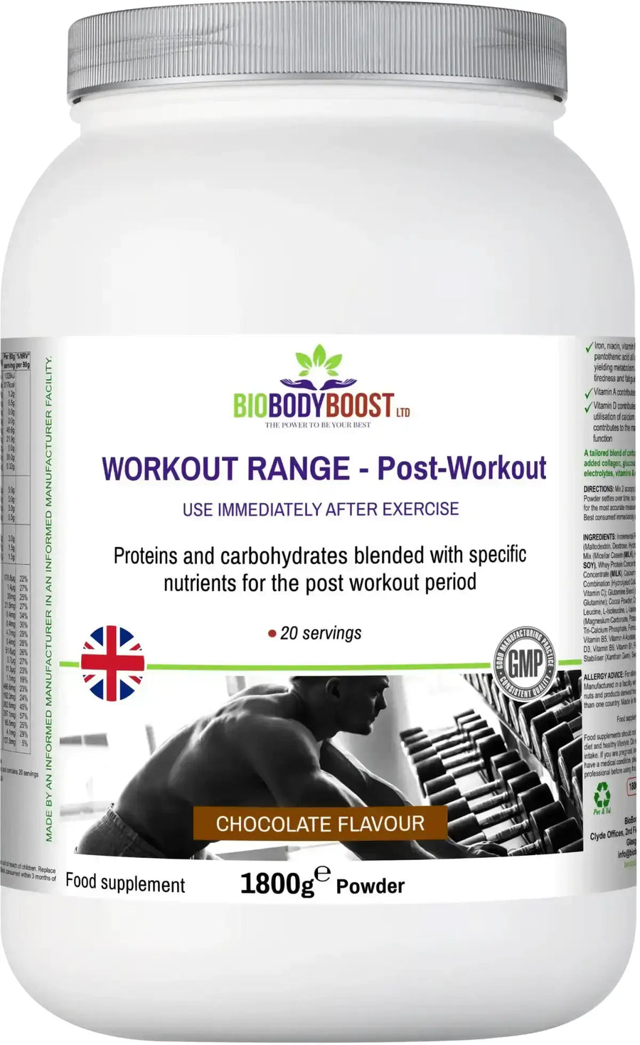 BioBodyBoost Post-Workout Drink Mix Chocolate 1800g — protein, carbs and amino acids recovery shake, UK