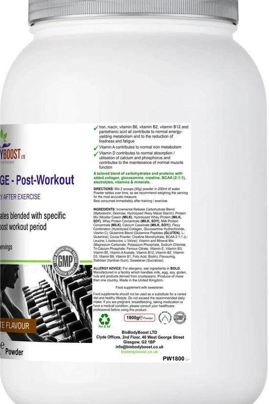 BioBodyBoost Post-Workout Chocolate Drink Mix angled view — recovery shake for muscle building, UK