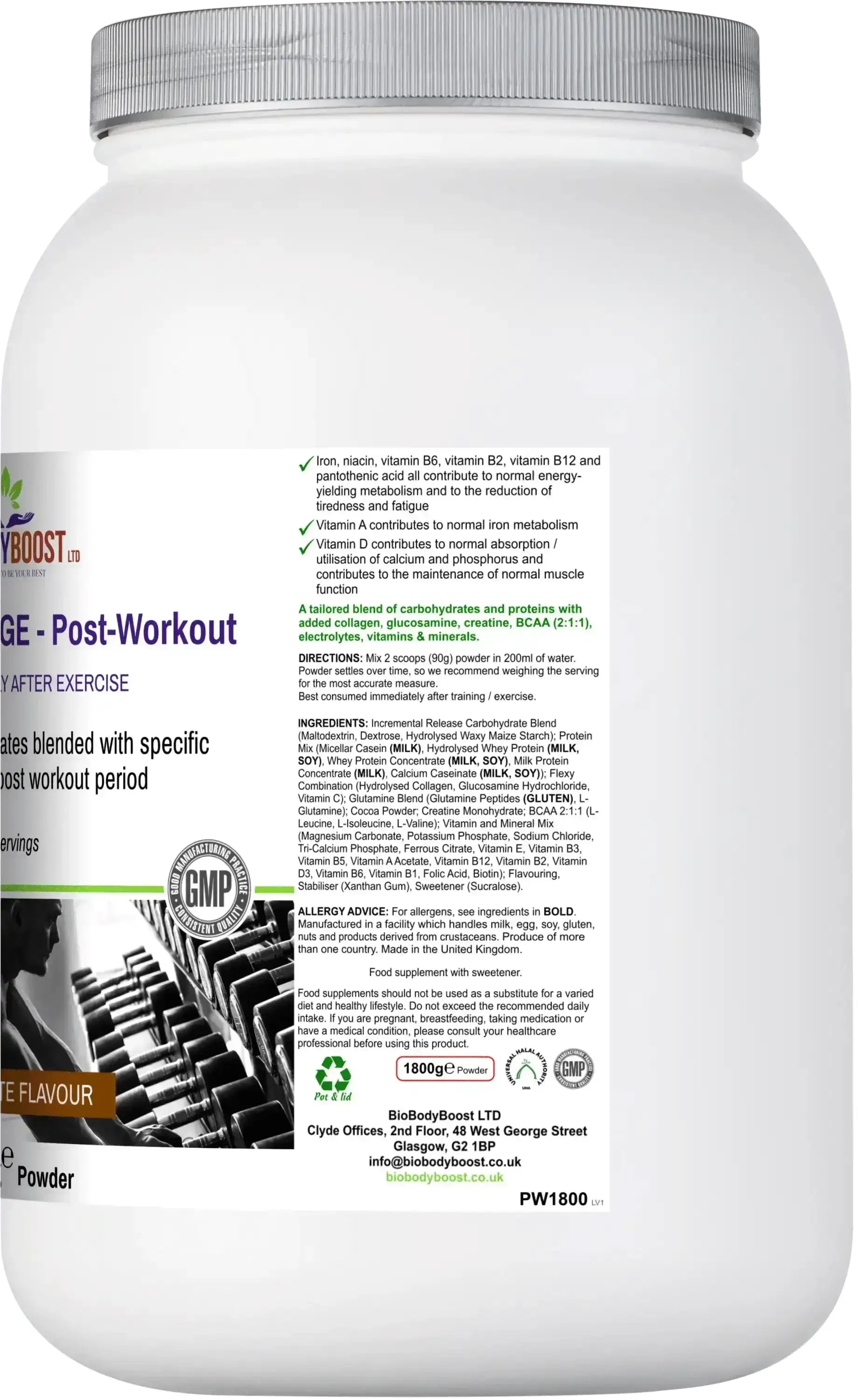 BioBodyBoost Post-Workout Chocolate Drink Mix angled view — recovery shake for muscle building, UK
