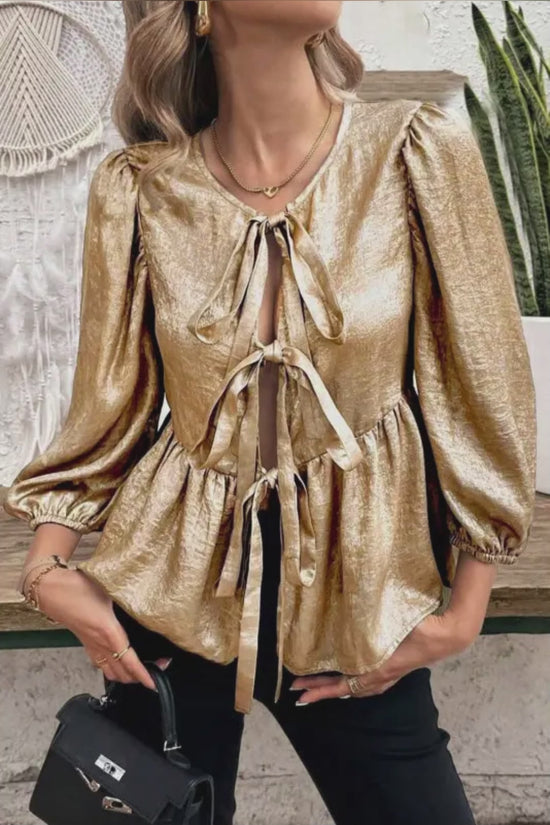 Elegant Gold Bow Tie Puff Sleeve Ruffle Blouse