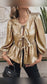 Elegant Gold Bow Tie Puff Sleeve Ruffle Blouse