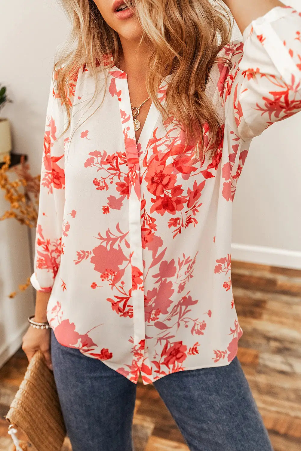 Printed plant print pleated back v neck shift casual shirt - blouses & shirts