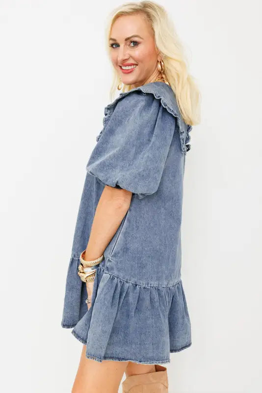 Puff sleeve denim mini dress | fashionfitz