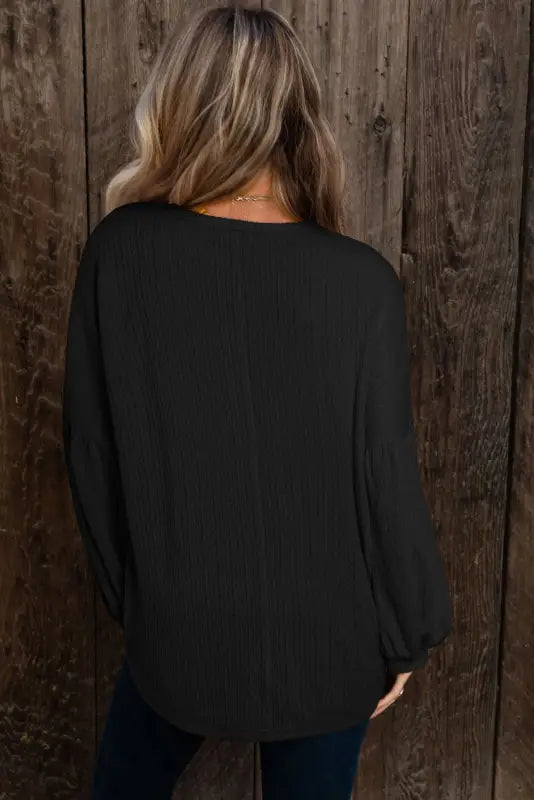 Puffy long sleeve top - black faux knit jacquard - tops