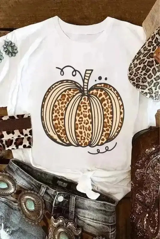 Graphic Tees White / S / 62%Polyester+32%Cotton+6%Elastane Pumpkin & Leopard T-Shirt