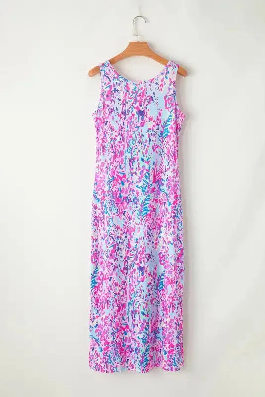 Purple Abstract Floral Print Sleeveless Maxi Dress - Fashionfitz
