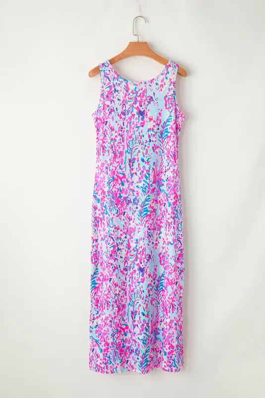 Purple abstract floral print sleeveless maxi dress - dresses