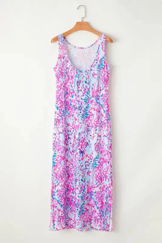 Purple Abstract Floral Print Sleeveless Maxi Dress - Fashionfitz