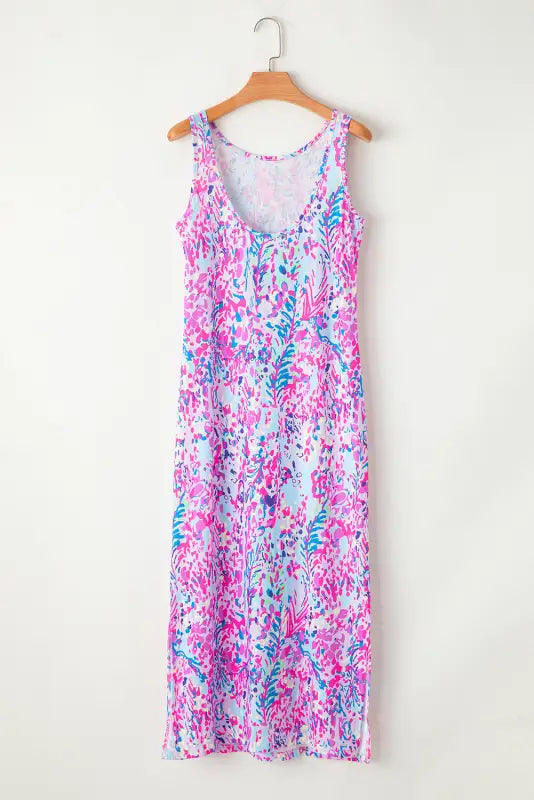 Purple abstract floral print sleeveless maxi dress - dresses