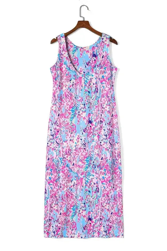 Purple Abstract Floral Print Sleeveless Maxi Dress - Fashionfitz