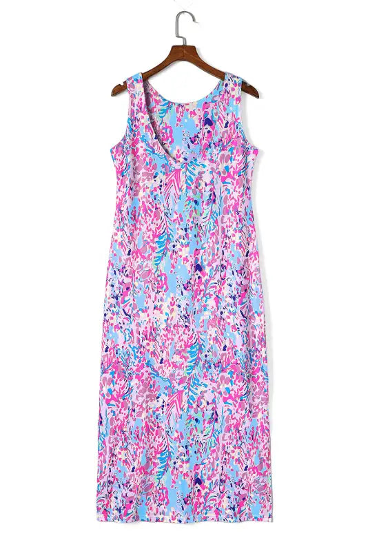 Purple abstract floral print sleeveless maxi dress - dresses