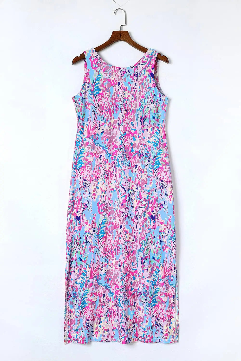 Purple abstract floral print sleeveless maxi dress - dresses