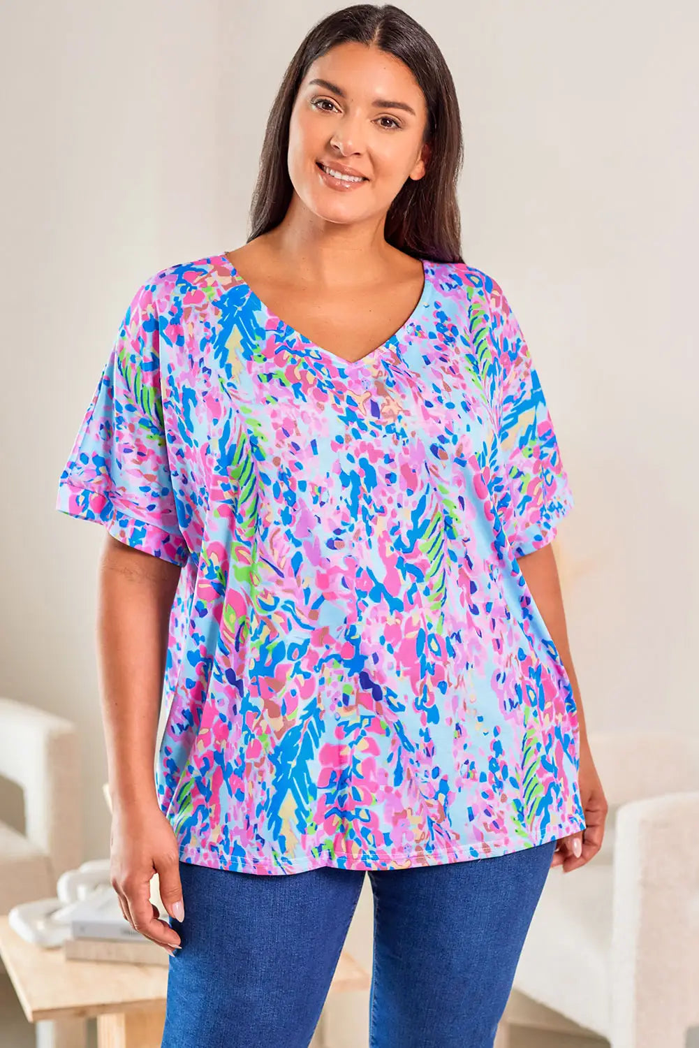 Purple abstract floral print sleeveless maxi dress - sky blue / 1x / 95% polyester + 5% elastane - dresses