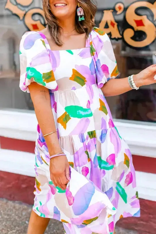 Purple Abstract Midi Dress - Puff Sleeve Smocked Back - Fashionfitz