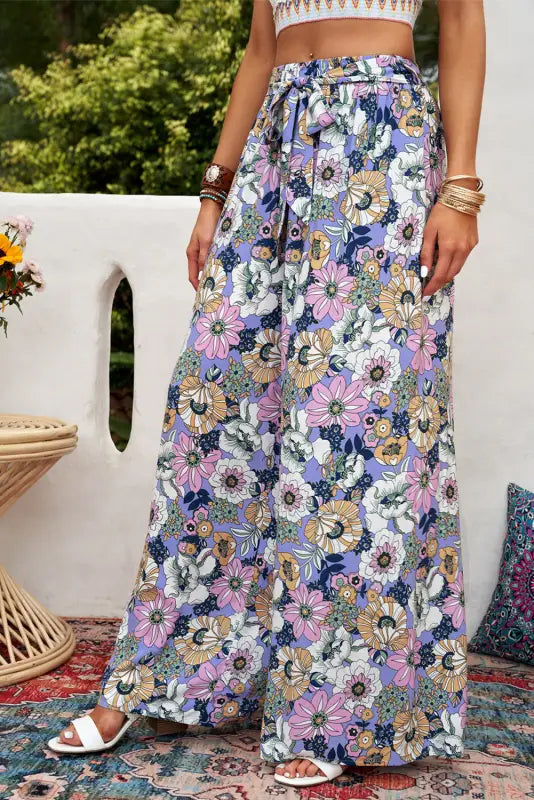 Purple bohemian floral pattern high waist flared pants - wide leg