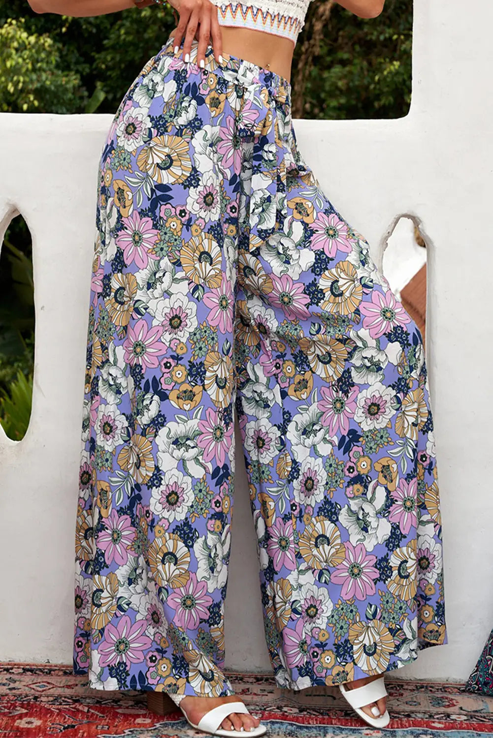 Purple bohemian floral pattern high waist flared pants - wide leg