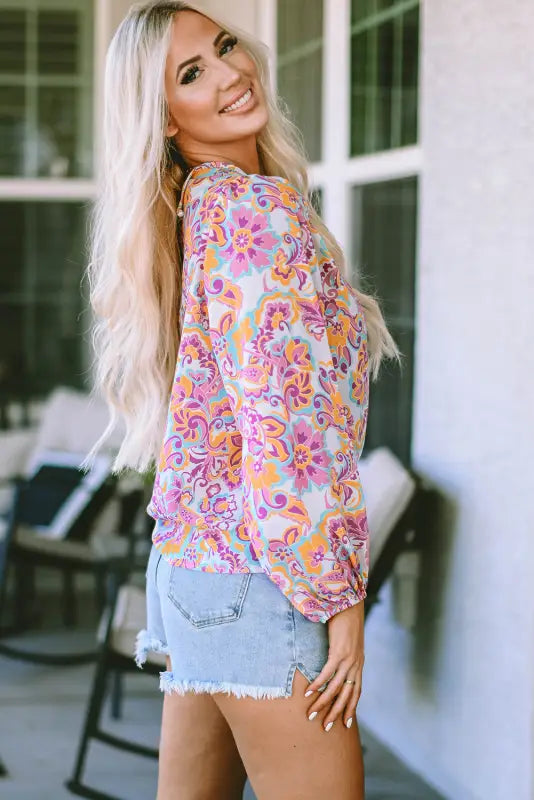 Blouses & shirts purple boho paisley printed peasant sleeve