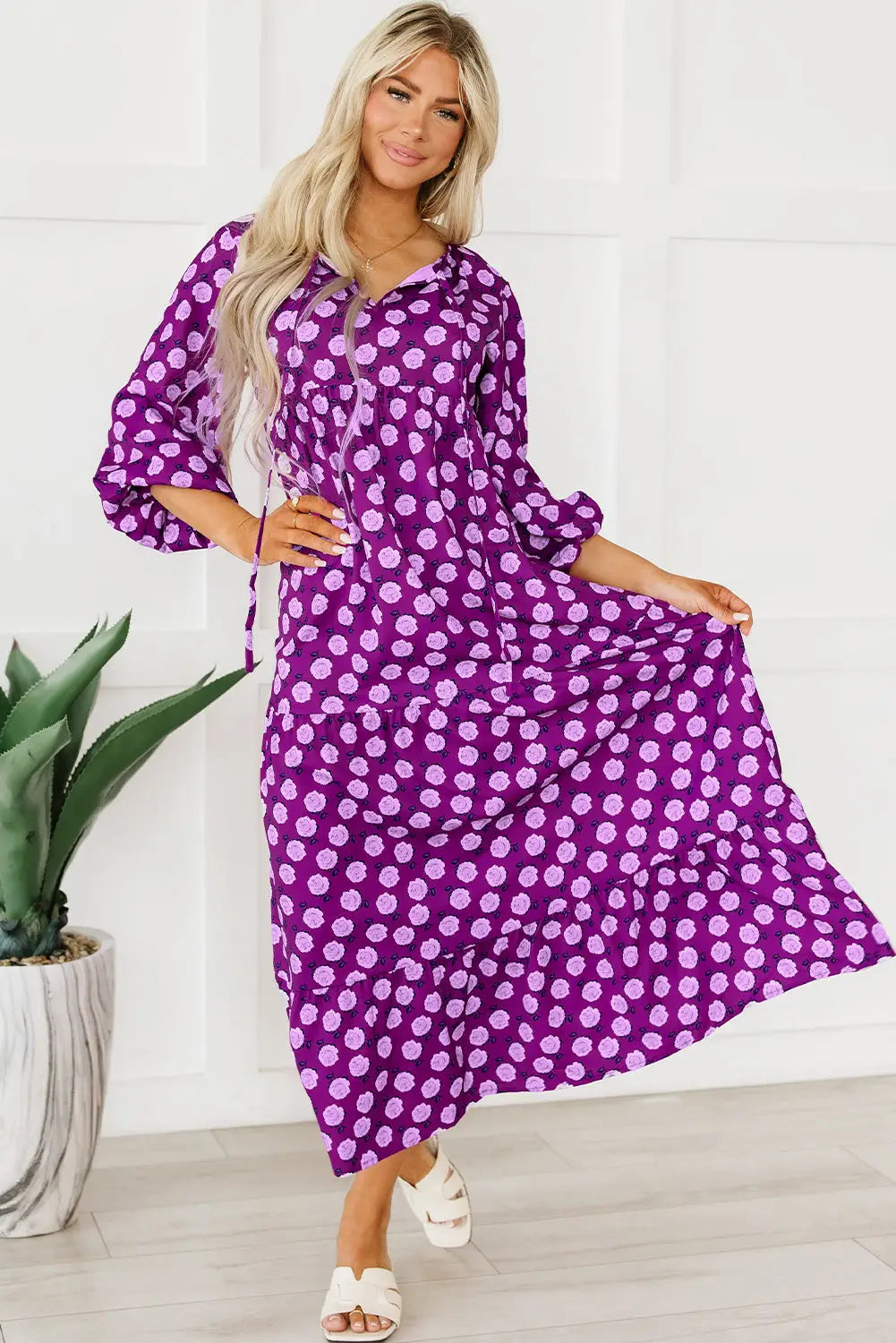 Purple boho printed puff sleeve maxi dress - dresses