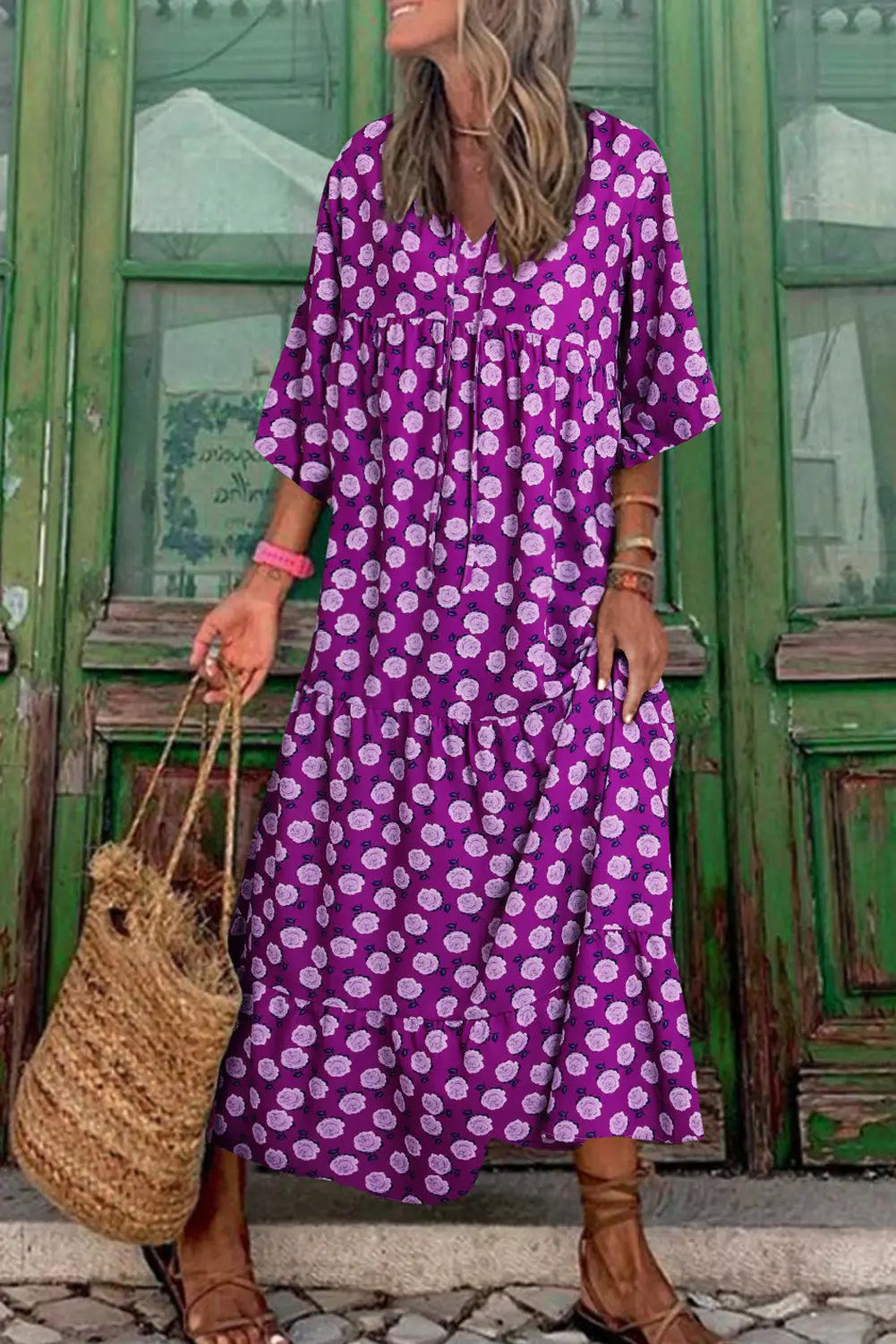 Purple boho printed puff sleeve maxi dress - s / 100% polyester - dresses