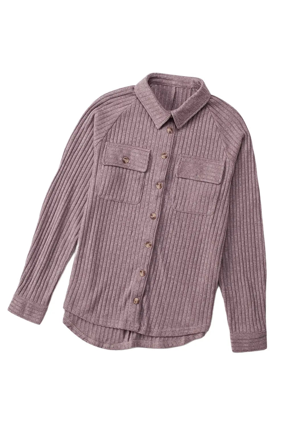 Purple button flap pocket ribbed knit shacket - shackets