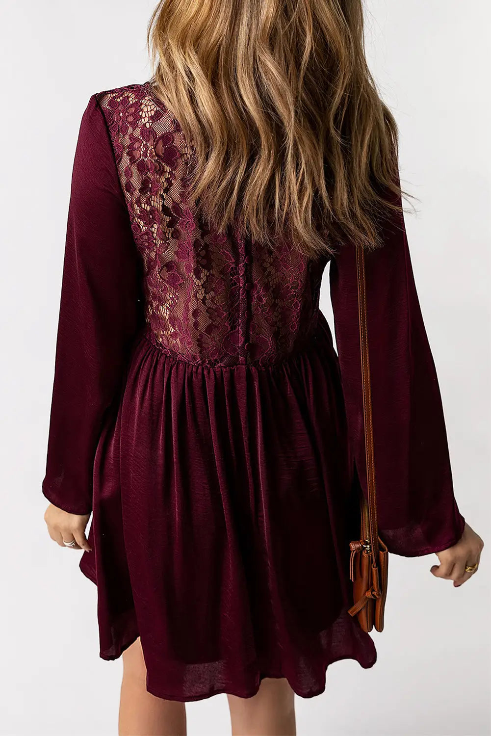 Purple buttoned sheer lace back long sleeve dress - dresses