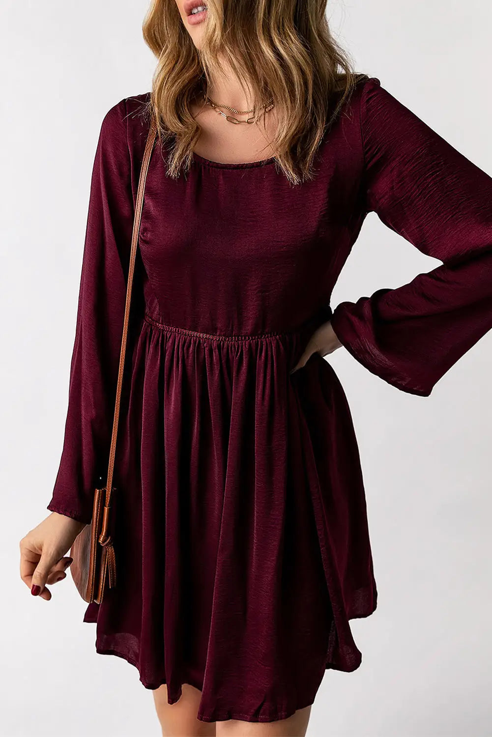 Purple buttoned sheer lace back long sleeve dress - s /