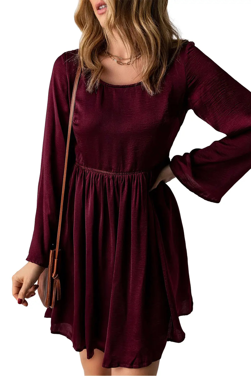 Purple buttoned sheer lace back long sleeve dress - xl / 100% polyester - mini dresses