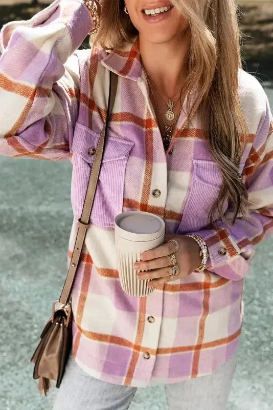 Purple Corduroy Pockets Brushed Checkered Shacket - Fashionfitz