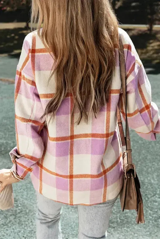 Purple Corduroy Pockets Brushed Checkered Shacket - Fashionfitz