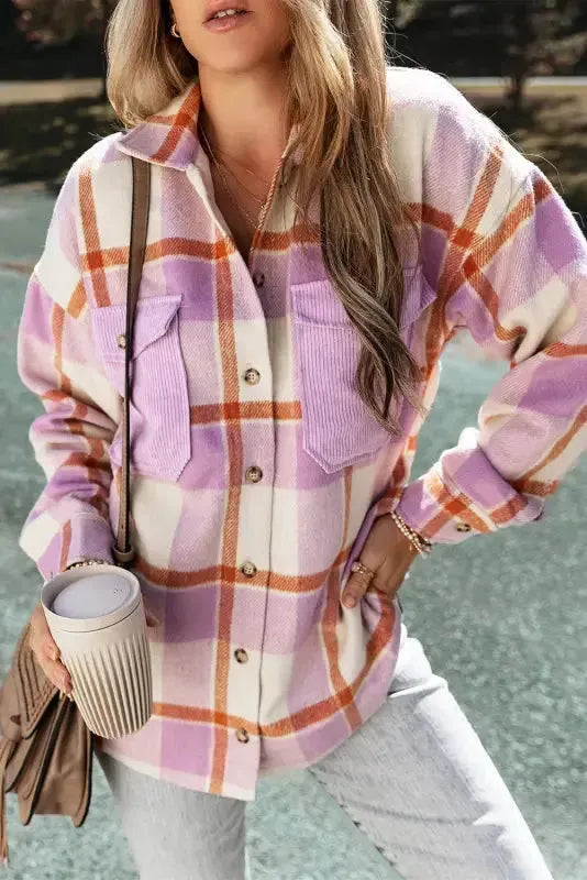 Purple Corduroy Pockets Brushed Checkered Shacket - Fashionfitz