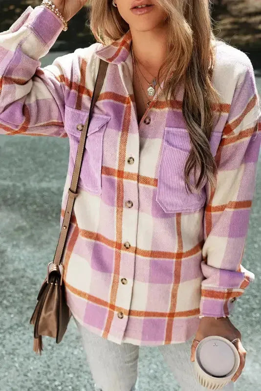 Purple Corduroy Pockets Brushed Checkered Shacket - Fashionfitz