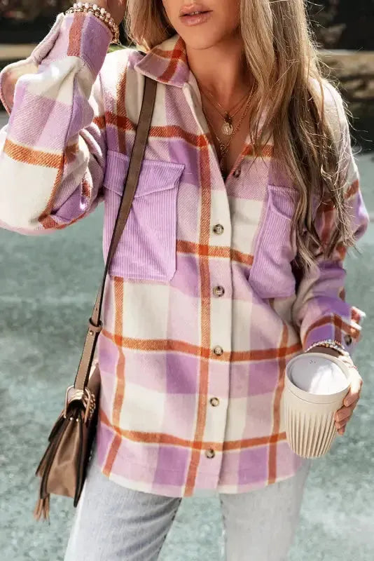 Purple Corduroy Pockets Brushed Checkered Shacket - Fashionfitz