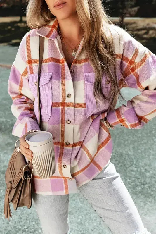 Purple Corduroy Pockets Brushed Checkered Shacket - Fashionfitz