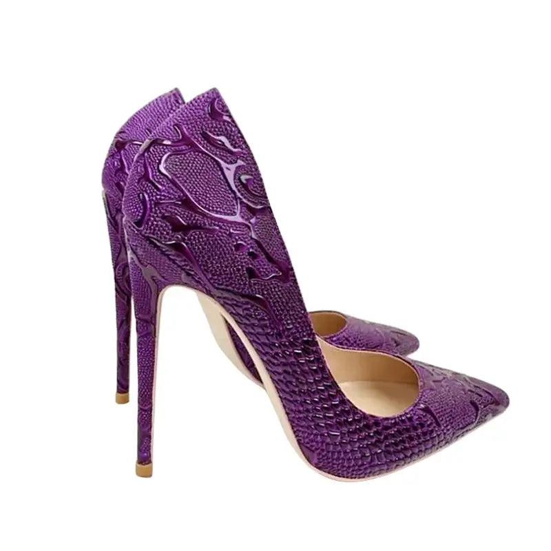 Purple embossed stiletto pumps