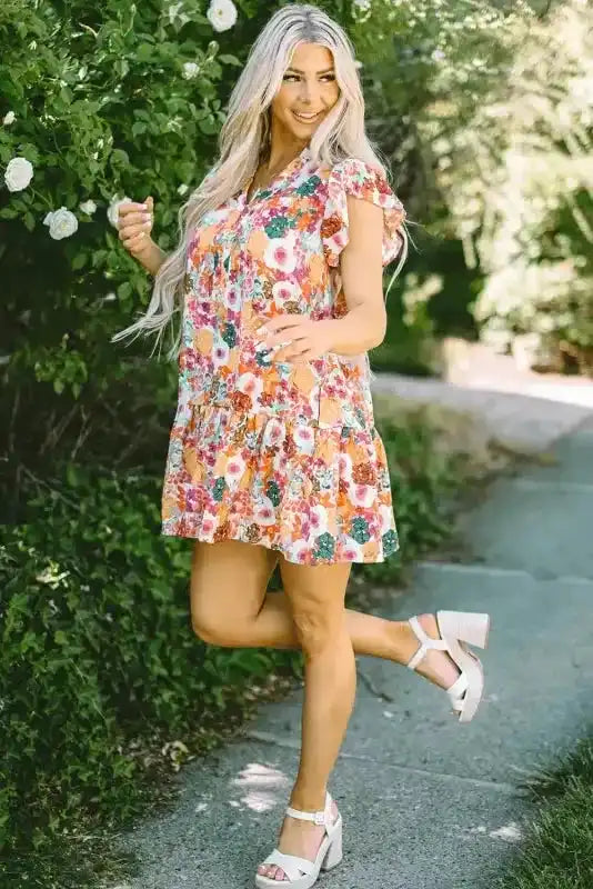 Purple Floral Flutter Sleeve Dress - Fashionfitz