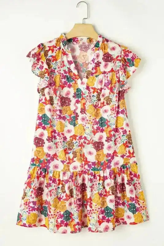 Purple Floral Flutter Sleeve Dress - Fashionfitz