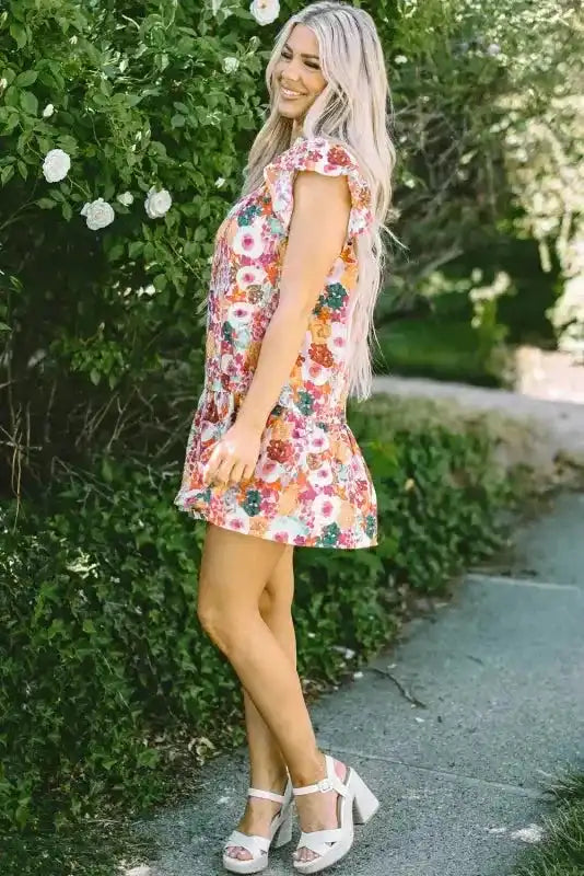 Purple Floral Flutter Sleeve Dress - Fashionfitz