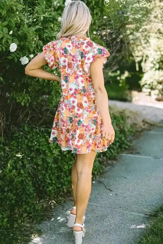 Purple Floral Flutter Sleeve Dress - Fashionfitz