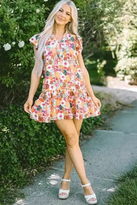 Purple Floral Flutter Sleeve Dress - Fashionfitz
